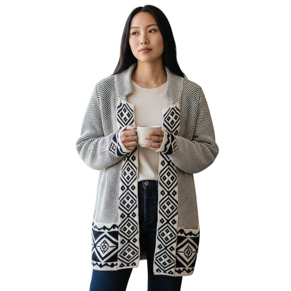 Old Navy Women's M‎ Open Front Cardigan Sweater Beige Black Aztec Print Knit